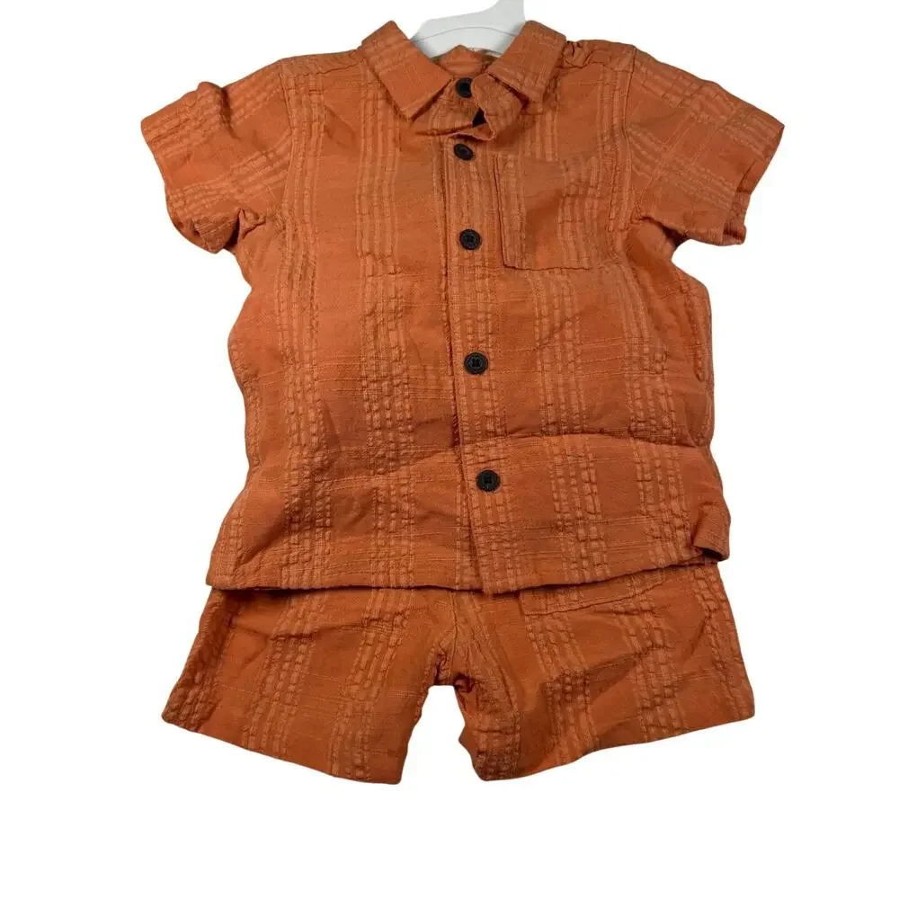 Cat & Jack Short Set Boys 12 Months Orange Rayon Blend Button Up Pockets NWT